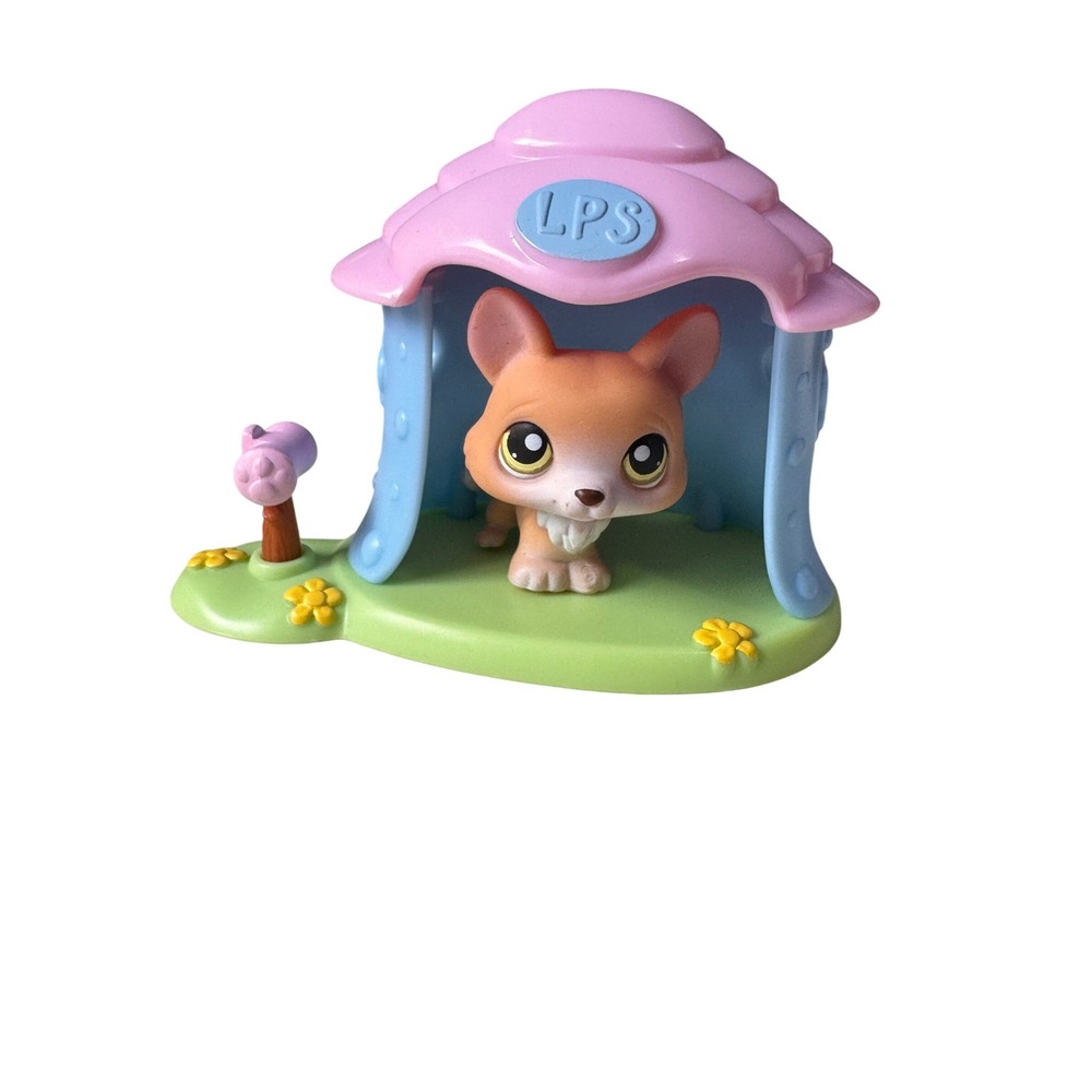Littlest Pet Shop LPS 183 Corgi Dog with Pink Blue Dog House Playset 2006 Hasbro